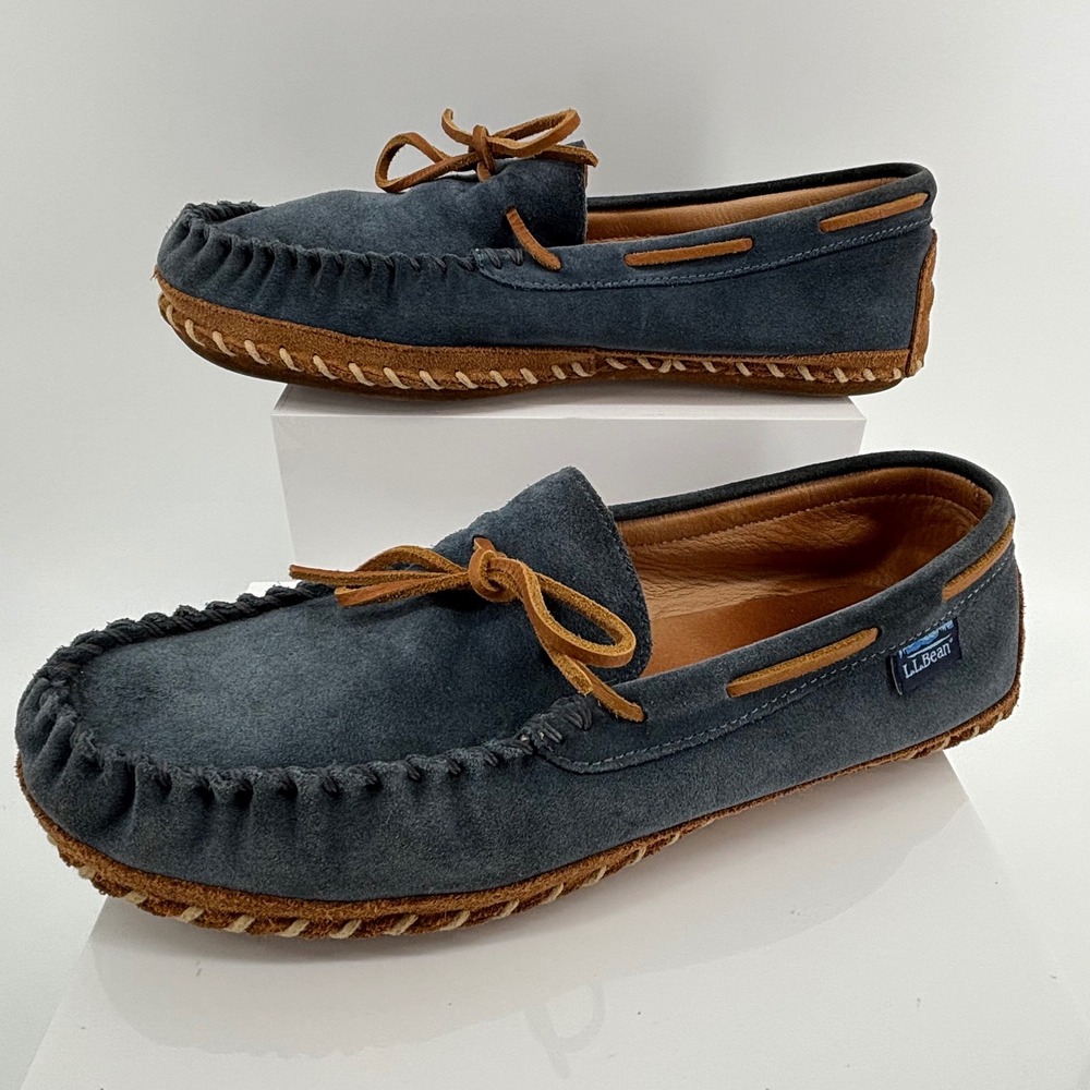 LL Bean Men Wicked Good Suede Moccasin Slippers Navy Blue 12 506026 No Shearling